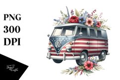 Watercolor Vintage Van with Flowers and USA Flag | Clipart Product Image 3