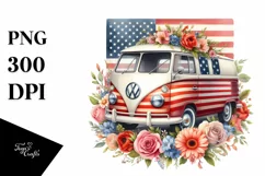 Watercolor Vintage Van with Flowers and USA Flag | Clipart Product Image 1
