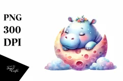 Colorful Watercolor Cute Baby Hippo Sleeping Moon | Product Image 3