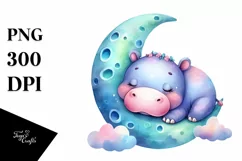 Colorful Watercolor Cute Baby Hippo Sleeping Moon | Product Image 1