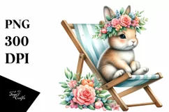Watercolor Young Rabbit with Flowers on Beach Chair | Product Image 1