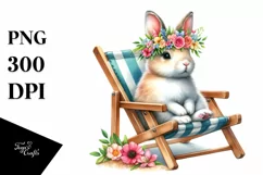 Watercolor Young Rabbit with Flowers on Beach Chair | Product Image 3