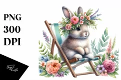 Watercolor Young Rabbit with Flowers on Beach Chair | Product Image 3