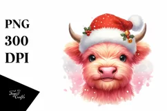 Pink Highland Cow with Santa Hat, PNG Product Image 1