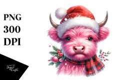 Pink Highland Cow with Santa Hat, PNG Product Image 1
