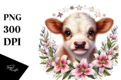 Watercolor Baby Highland Cow with Lily Floral Frame, Product Image 1