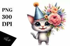 Baby Cat with Party Hat and Large Flower Bouquet | Clipart Product Image 3