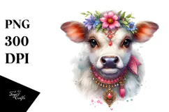Adorned Baby Cow in Watercolor PNG Product Image 1