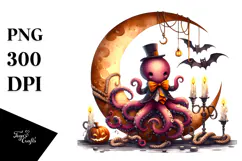 Watercolor Halloween Octopus Sitting on Cloud PNG Product Image 1