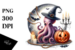 Octopus Dressed for Halloween, Watercolor PNG Product Image 1