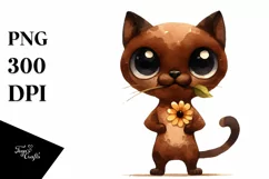 Brown Cat Caricature Watercolor Clipart Product Image 1