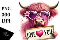 Pink Highland Cow with Heart Sunglasses, Vibrant PNG Product Image 1