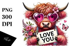 Pink Highland Cow with Heart Sunglasses, Vibrant PNG Product Image 1