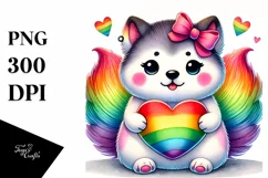 Cute Rainbow Akita, Watercolor PNG Product Image 1