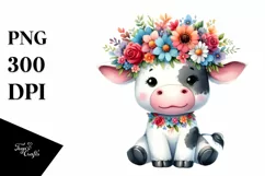 Cute Vibrant Flower Crown Cow Clipart Product Image 3