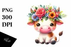 Cute Vibrant Flower Crown Cow Clipart Product Image 3