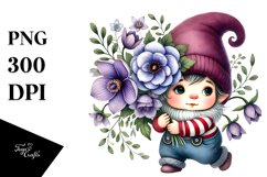 Cute Baby Gnome with Violet Floral Frame, Transparent PNG Product Image 1