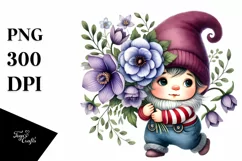 Cute Baby Gnome with Violet Floral Frame, Transparent PNG Product Image 1
