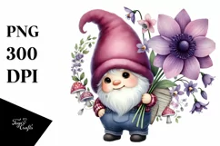 Baby GNOME with Big Hat, Violet Floral Frame PNG Product Image 1