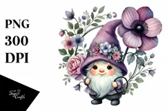 Cute Baby Gnome with Violet Floral Frame, Transparent PNG Product Image 1