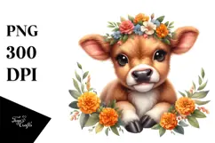 Cute Baby Highland Cow with Marigold Frame PNG Product Image 1