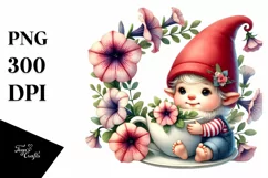 Cute Baby Gnome with Petunia Floral Frame, Transparent PNG Product Image 1