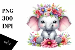 Cartoon-Style Elephant Sitting with Flower Crown PNG Product Image 3