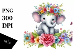 Cartoon-Style Elephant Sitting with Flower Crown PNG Product Image 1
