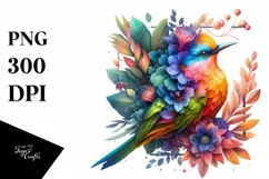 Vibrant Watercolor Bird with Flowers PNG Product Image 1