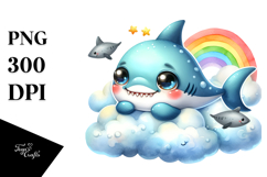 Colorful Watercolor Baby Shark Resting on Cloud Product Image 1