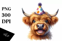 Cow Watercolor Highland Cow with Party Hat | Sublimation Product Image 1