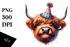 Cow Watercolor Highland Cow with Party Hat | Sublimation Product Image 3