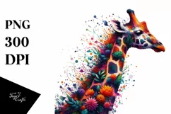Vibrant Watercolor Giraffe with Flowers PNG Product Image 3