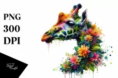 Vibrant Watercolor Giraffe with Flowers PNG Product Image 1