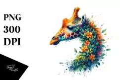 Vibrant Watercolor Giraffe with Flowers PNG Product Image 3