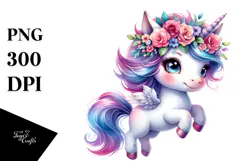 Cute Jumping Unicorn with Cool Haircut, Floral Wreath on the Product Image 1