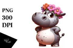 Cartoony Hippo with Flower Crown, PNG Product Image 1