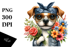 Watercolor Dog Carying Large Flower | Sublimation | Clipart Product Image 1