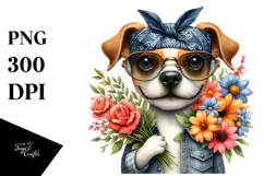 Watercolor Dog Carying Large Flower | Sublimation | Clipart Product Image 1