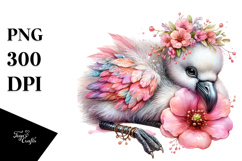 Adorned Baby Flamingo in Watercolor PNG Product Image 1