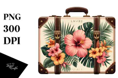 Vintage Tropical Flower Suitcase, PNG Product Image 1