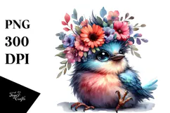 cute Baby Bird with Floral Wreath PNG Product Image 1