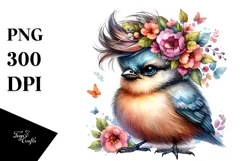 cute Baby Bird with Floral Wreath PNG Product Image 1
