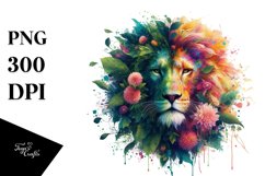 Vibrant Watercolor Lion with Flowers PNG Product Image 1