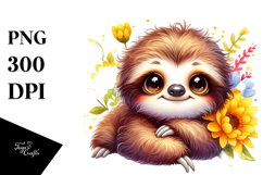 Baby Sloth Yellow Flowers | Sublimation Clipart Product Image 1