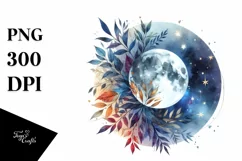 Colorful Watercolor Abstract Moon with Foliage Stars Product Image 1