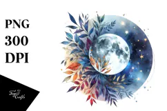 Colorful Watercolor Abstract Moon with Foliage Stars Product Image 1