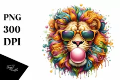 Quirky Colored Lion Portrait with Sunglasses Blowing Gum | Product Image 1