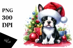 Boston Terrier with Santa Hat Watercolor Christmas PNG Product Image 1