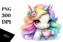 Baby Unicorn Sipping Tea Watercolor PNG Product Image 1
